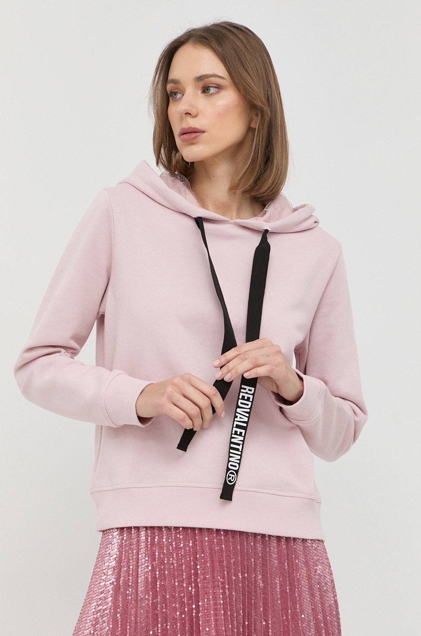 

Хлопковая кофта Red Valentino женская цвет розовый с капюшоном однотонная