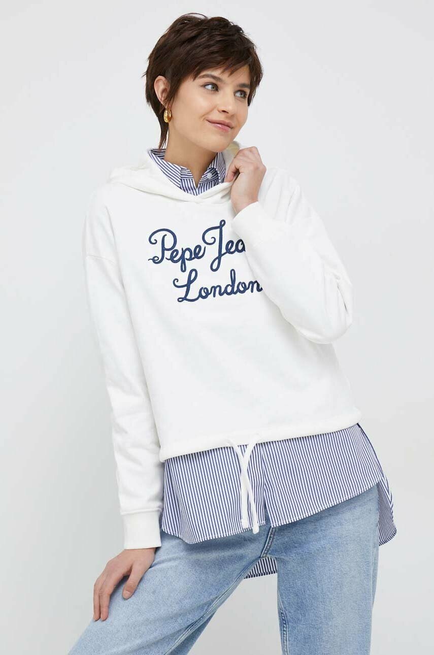 

Бавовняна кофта Pepe Jeans жіноча колір білий з капюшоном з принтом