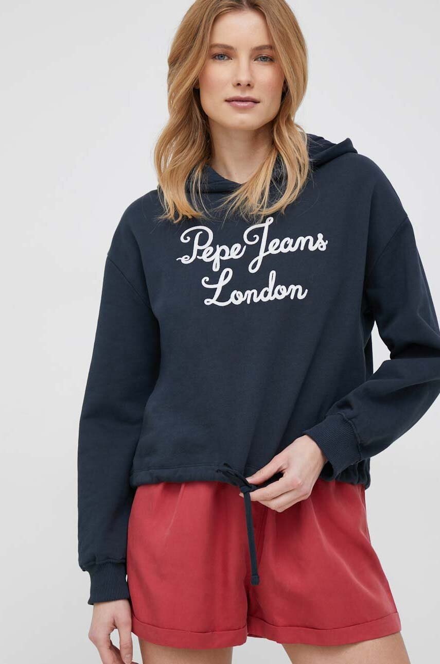 

Памучен суичър Pepe Jeans в тъмносиньо с качулка с апликация, Тъмносин