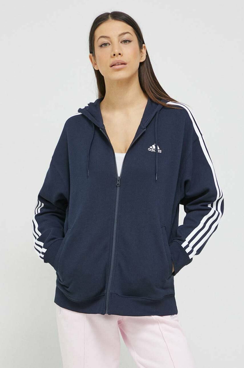 Adidas Hanorac De Bumbac Femei, Culoarea Albastru Marin, Cu Gluga, Cu Imprimeu