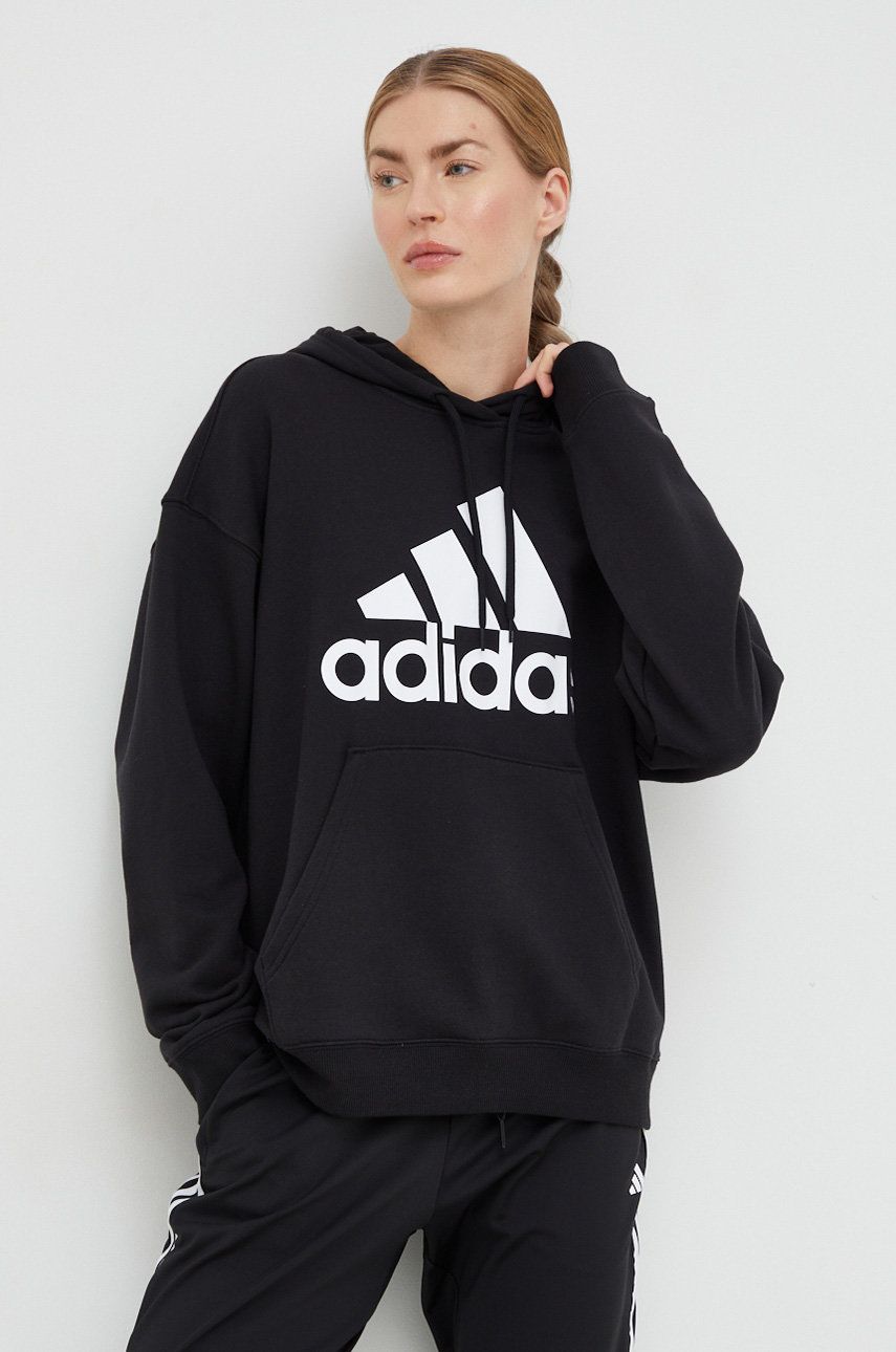 Adidas hanorac de bumbac femei, culoarea negru, cu glugă, cu imprimeu