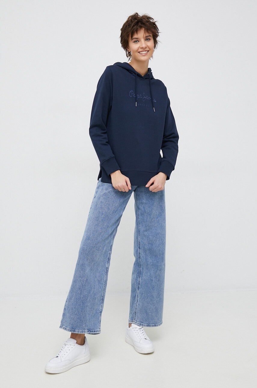 

Хлопковая кофта Pepe Jeans Whitney женская цвет синий с капюшоном с аппликацией