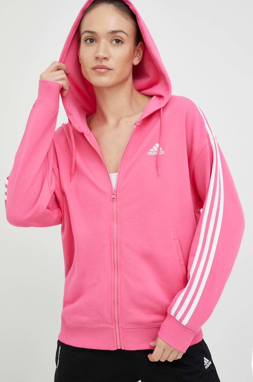 Adidas hanorac de bumbac femei, culoarea roz, cu glugă, cu imprimeu Adidas