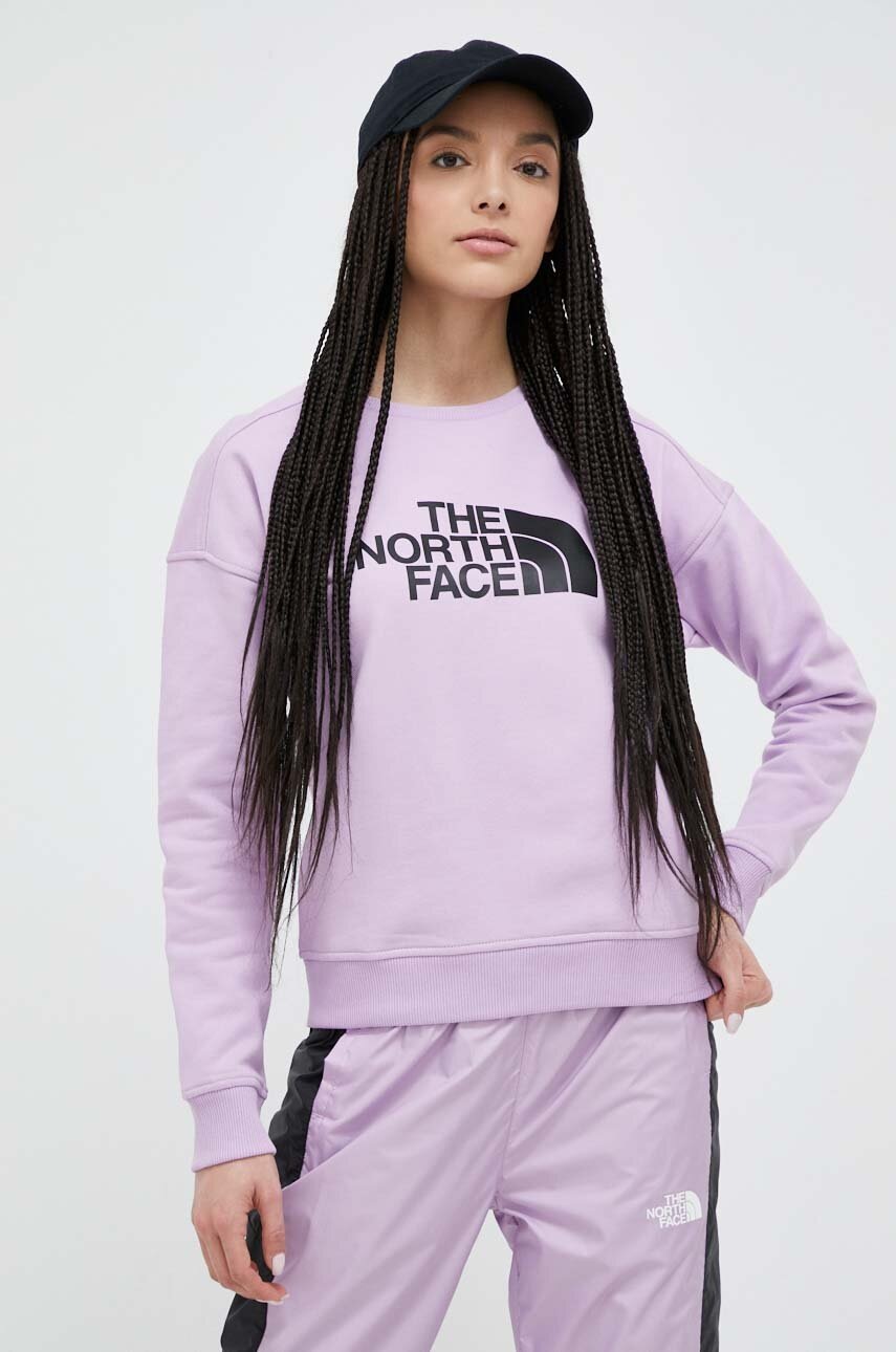 

Памучен суичър The North Face в лилаво с принт, Виолетов