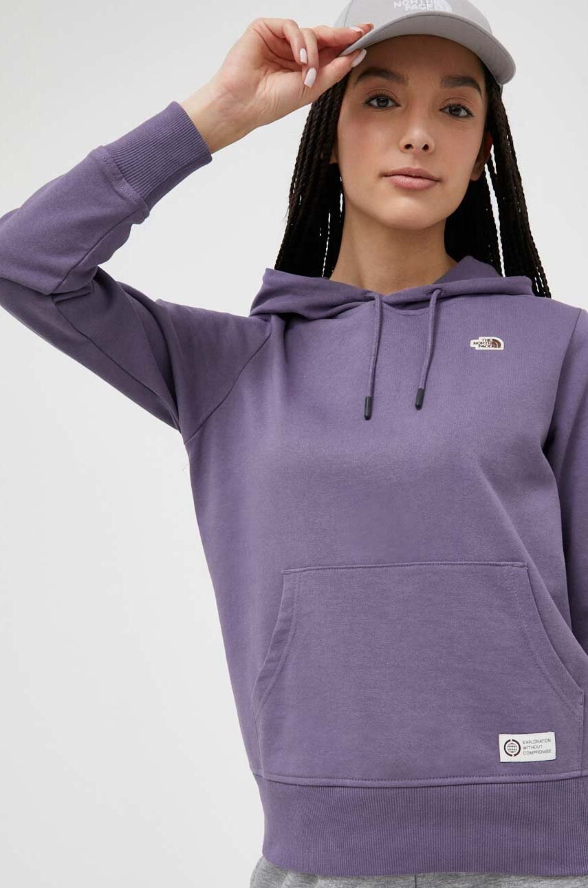 

Бавовняна кофта The North Face жіноча колір фіолетовий з капюшоном однотонна