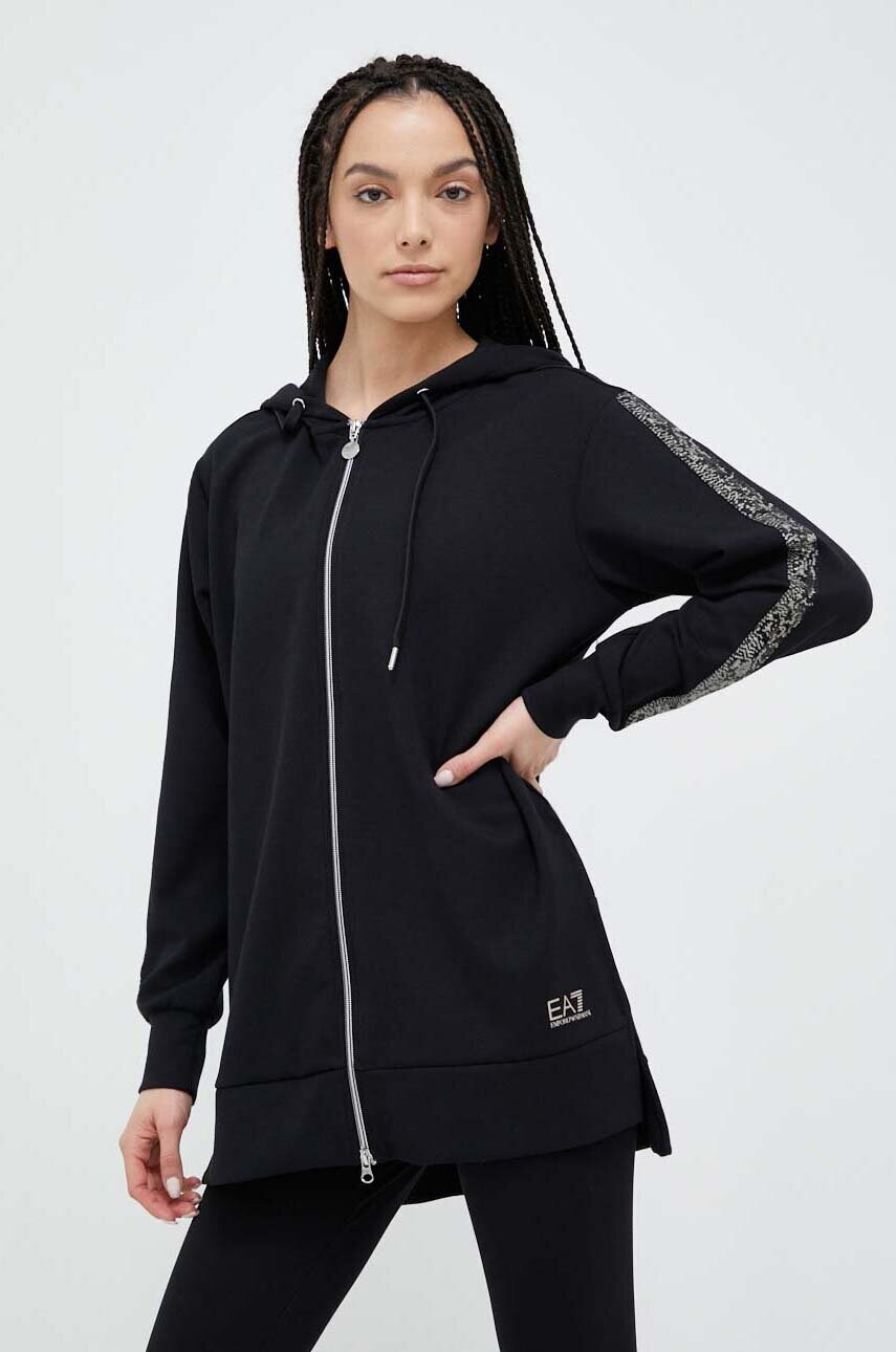 EA7 Emporio Armani bluza femei, culoarea negru, cu glugă, cu imprimeu answear.ro