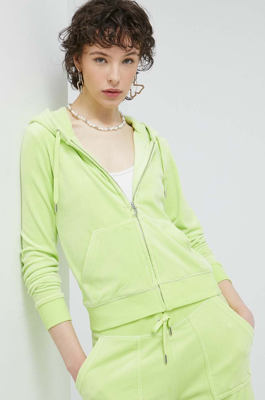 Mikina Juicy Couture dámská, zelená barva, s kapucí, hladká - zelená -  95 % Polyester