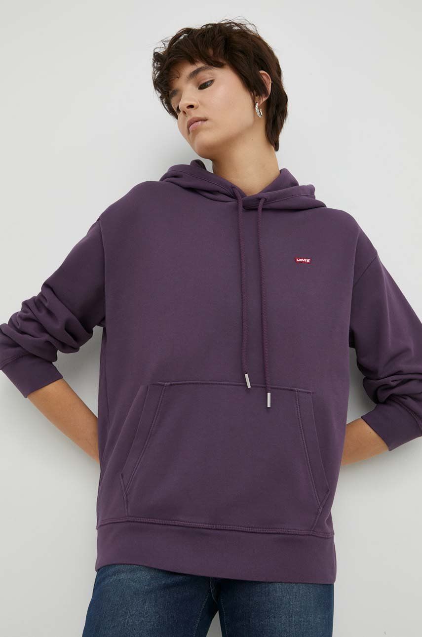 Bavlněná mikina Levi′s dámská, fialová barva, s kapucí, hladká - fialová -  100 % Bavlna