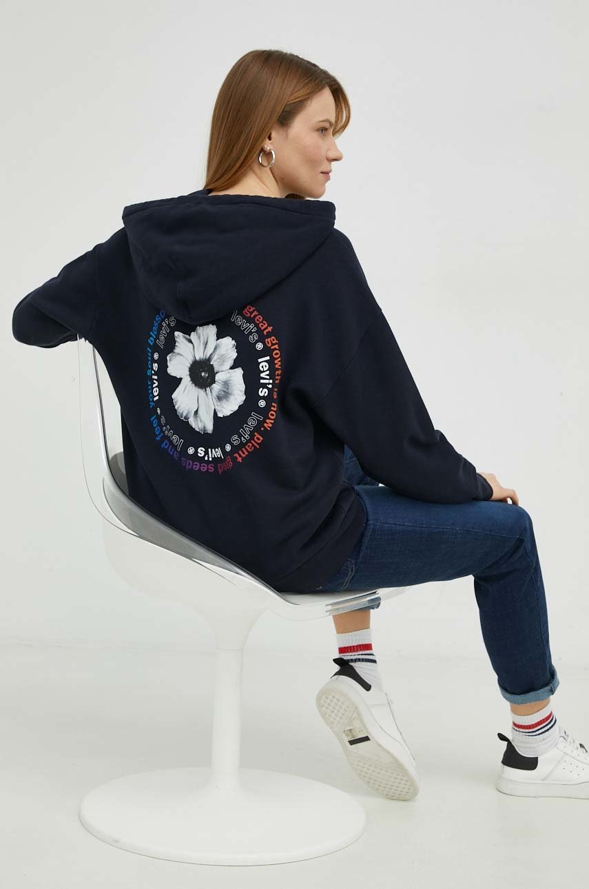 

Памучен суичър Levi' в тъмносиньо с качулка с принт, Тъмносин