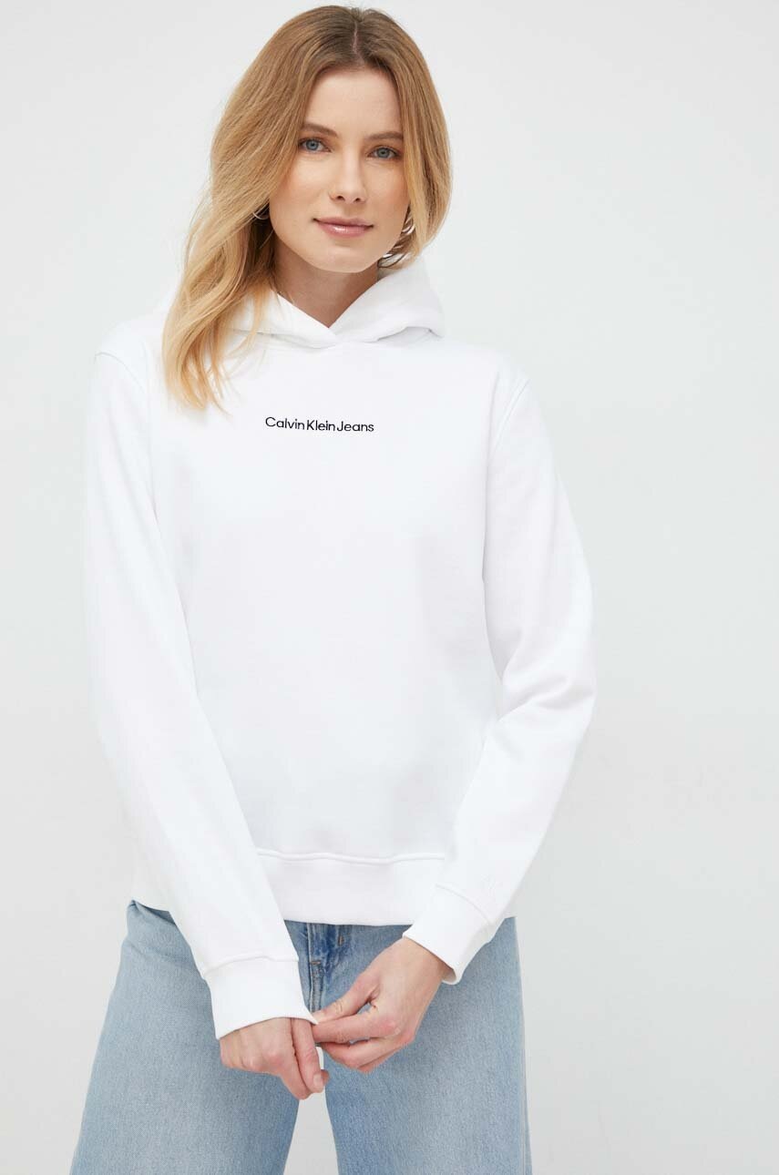 

Суичър Calvin Klein Jeans в бяло с качулка с изчистен дизайн, Бял