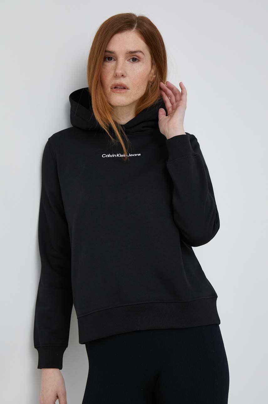 Mikina Calvin Klein Jeans dámská, černá barva, s kapucí, hladká - černá -  Hlavní materiál: 55 