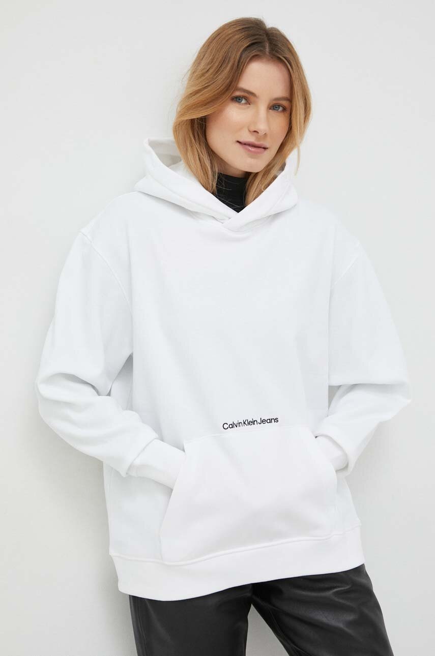 

Суичър Calvin Klein Jeans в бяло с качулка с изчистен дизайн, Бял