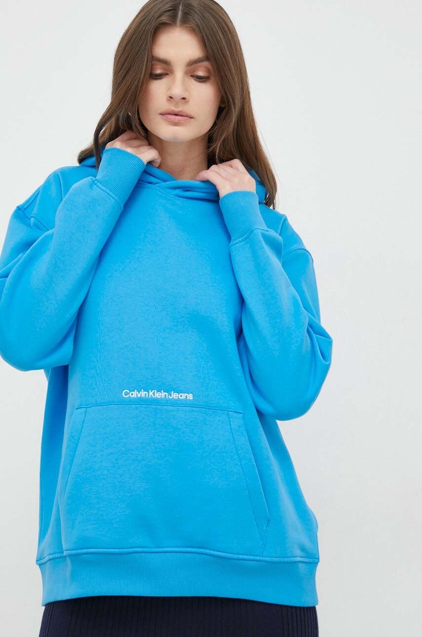 

Суичър Calvin Klein Jeans в синьо с качулка с изчистен дизайн, Син