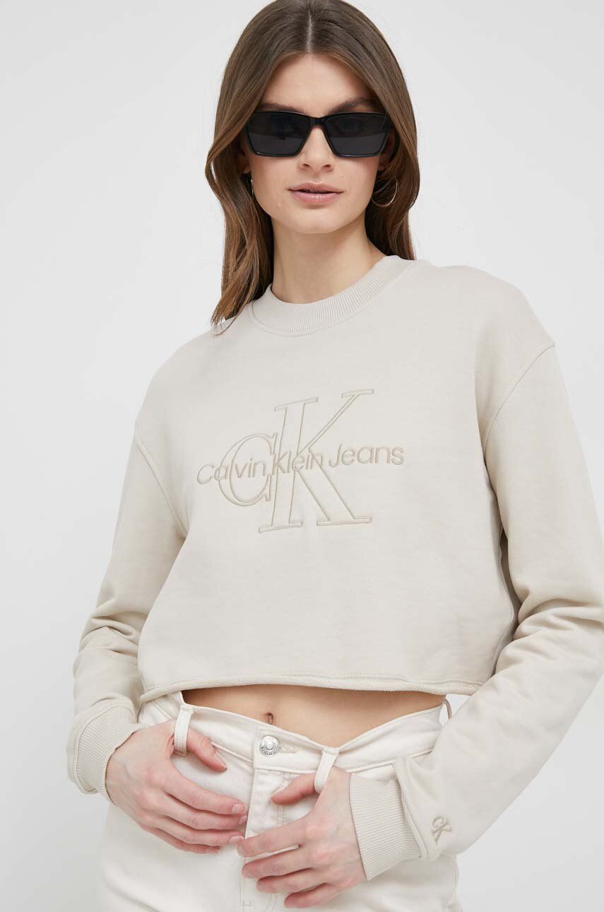 E-shop Bavlněná mikina Calvin Klein Jeans dámská, béžová barva, s aplikací