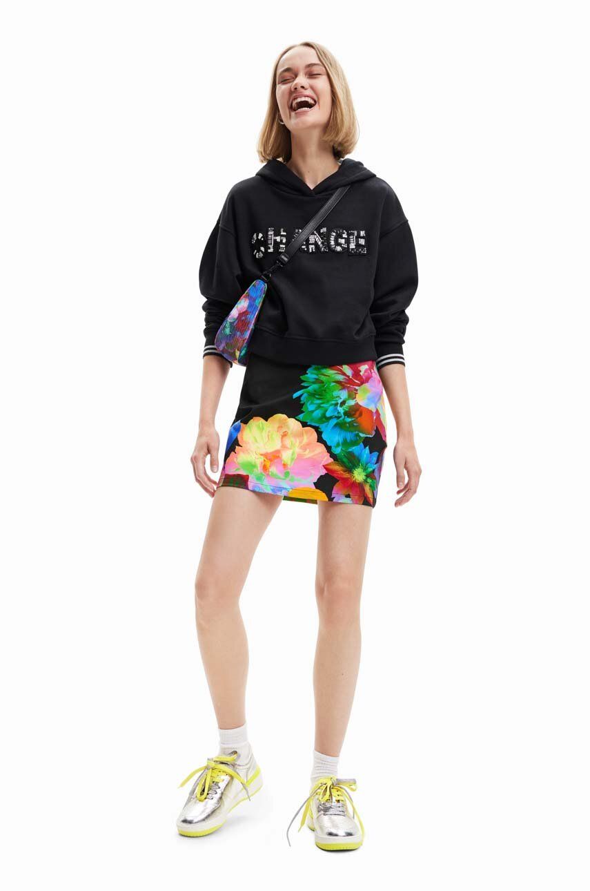 Desigual bluza femei, culoarea negru, cu glugă, cu imprimeu