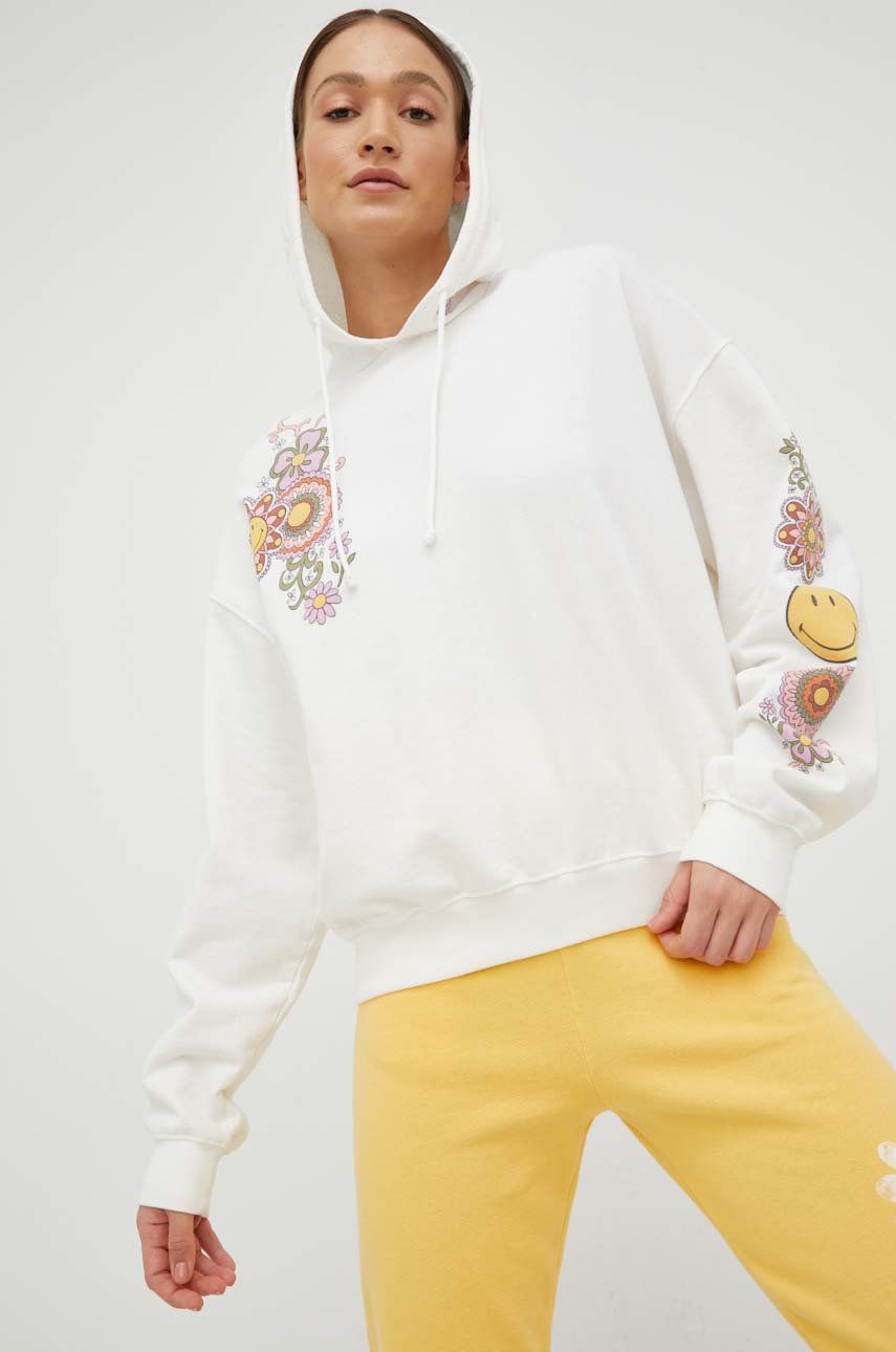 Bavlněná mikina Billabong X SMILEY dámská, bílá barva, s kapucí, s potiskem - bílá -  100 % Org