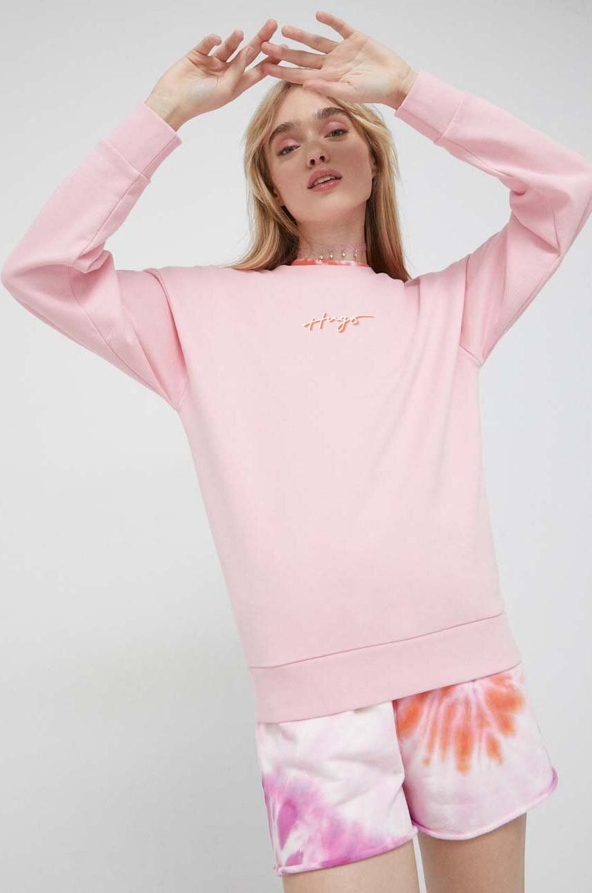 E-shop Bavlněná mikina HUGO dámská, růžová barva, s potiskem