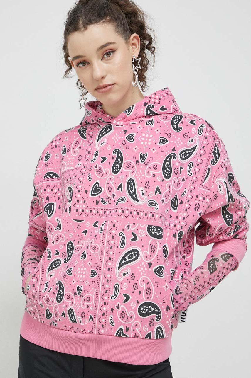 E-shop Bavlněná mikina HUGO dámská, růžová barva, s kapucí, vzorovaná