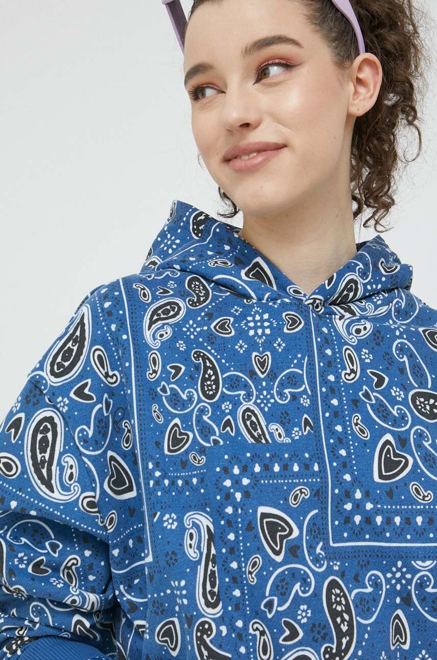 Bavlněná mikina HUGO dámská, s kapucí, vzorovaná - modrá -  100 % Bavlna