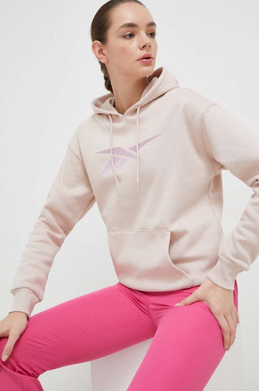 

Кофта Reebok жіноча колір рожевий з капюшоном з принтом