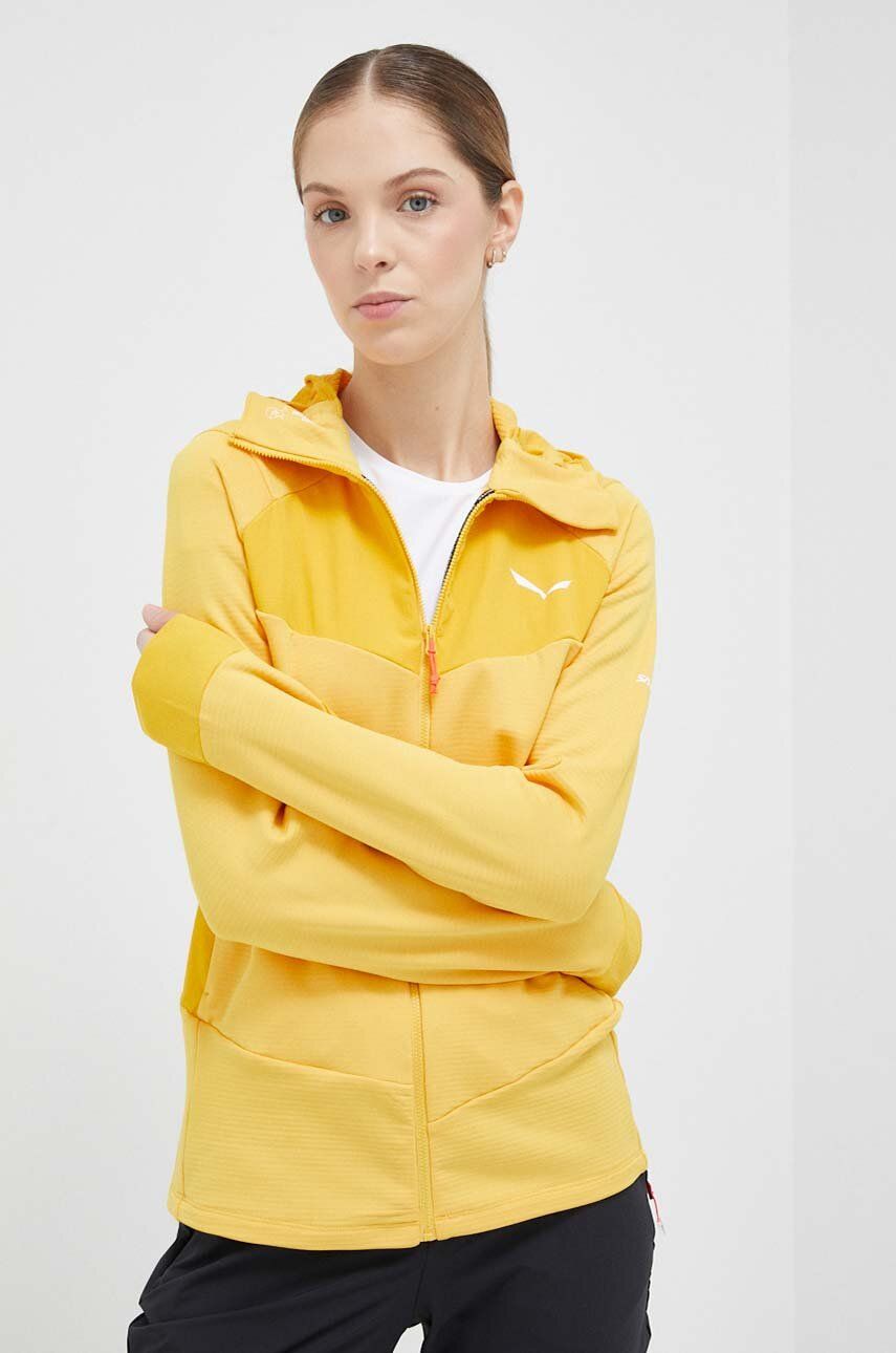 Sportovní mikina Salewa Agner žlutá barva, s kapucí - žlutá -  Hlavní materiál: 94 % Recyklovan