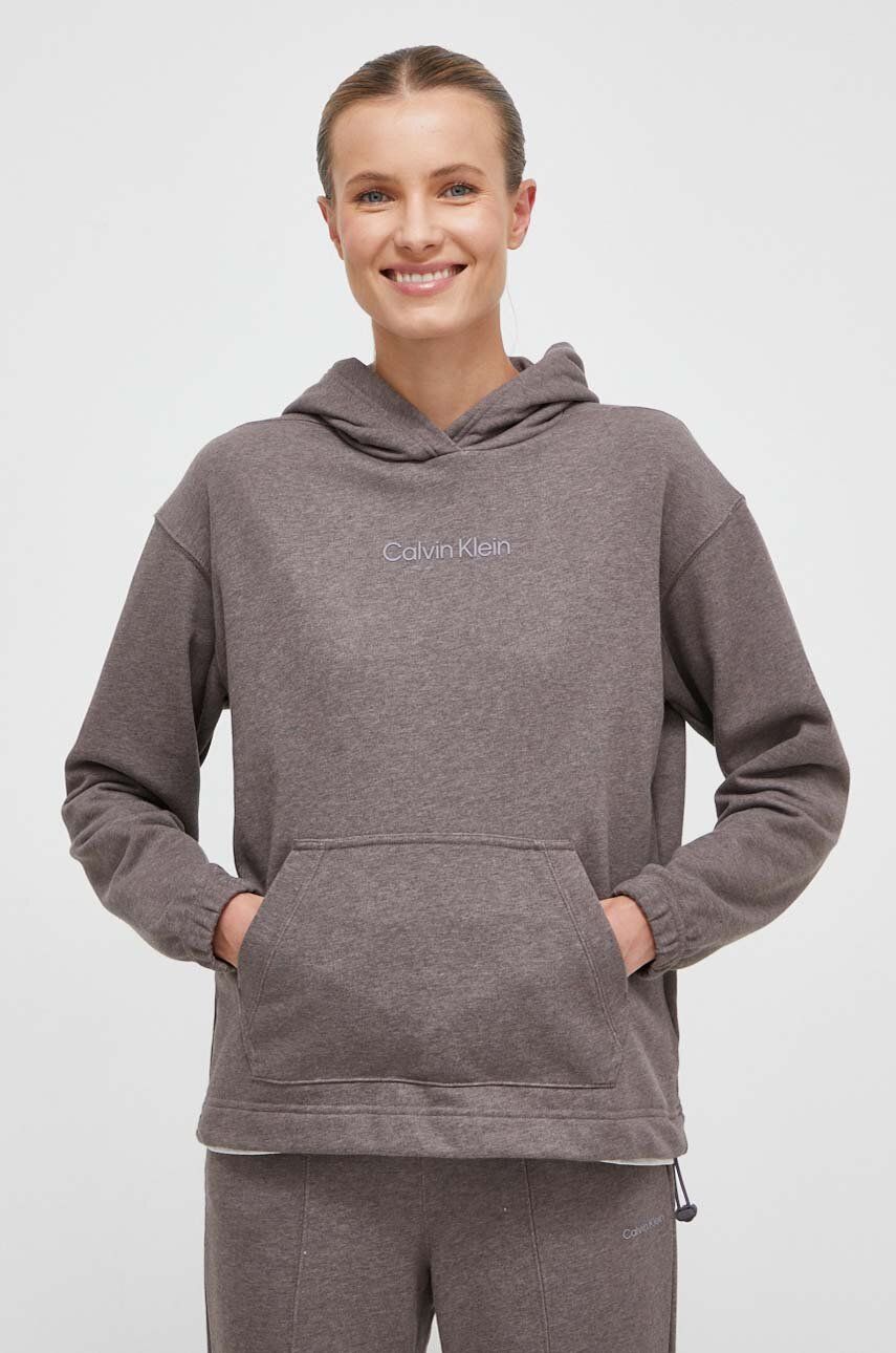 Levně Tepláková mikina Calvin Klein Performance Essentials šedá barva, s kapucí