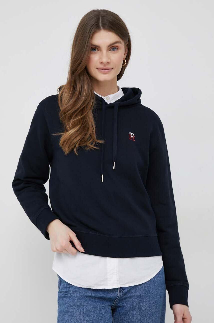 

Памучен суичър Tommy Hilfiger в тъмносиньо с качулка с изчистен дизайн, Тъмносин