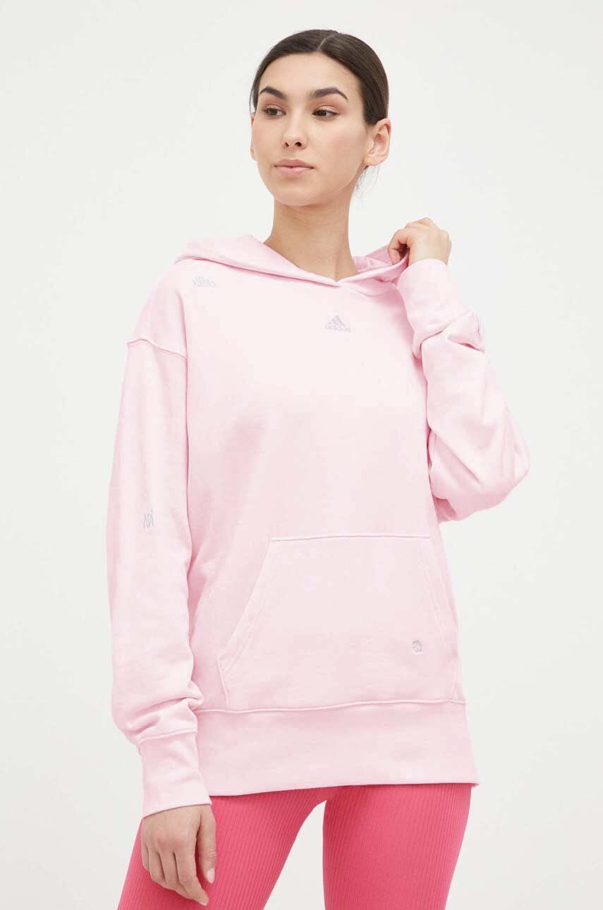 E-shop Bavlněná mikina adidas dámská, růžová barva, s kapucí, s aplikací