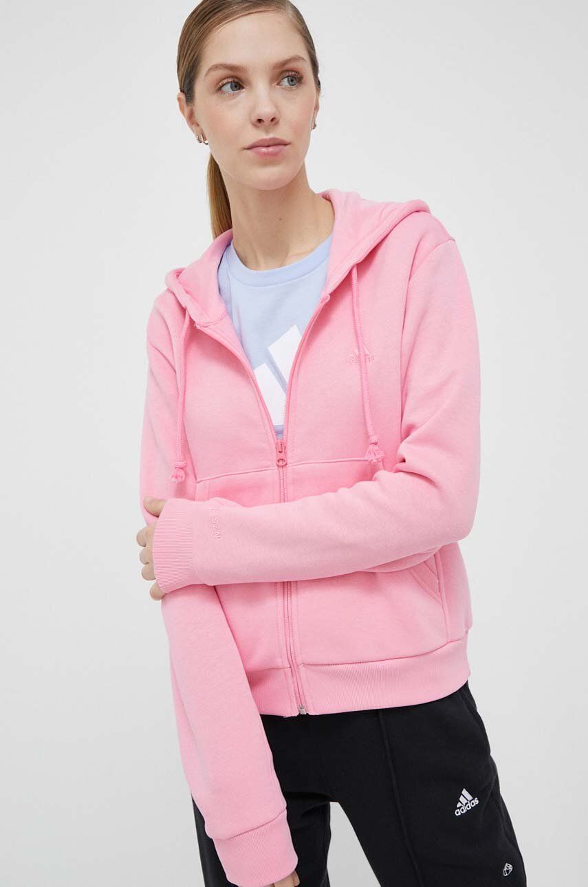 Mikina adidas dámská, růžová barva, s kapucí, hladká - růžová -  Hlavní materiál: 80 % Bavlna