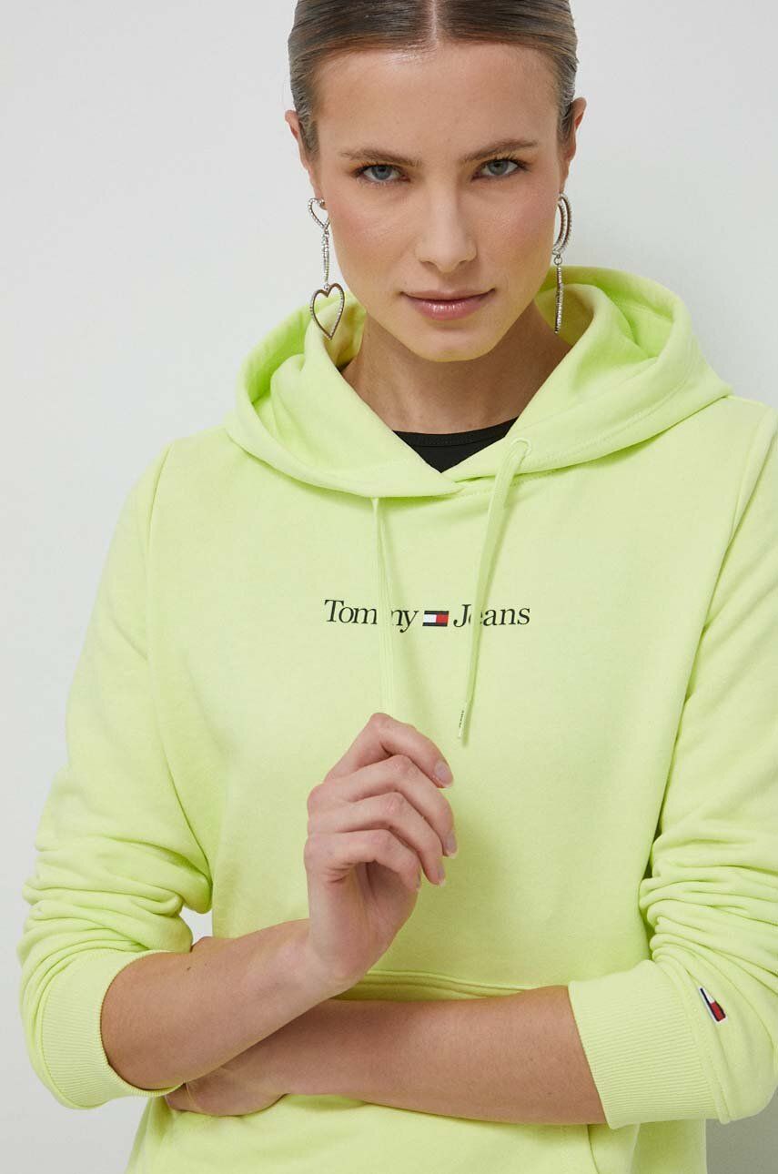 Mikina Tommy Jeans dámská, žlutá barva, s kapucí, s potiskem - žlutá -  Hlavní materiál: 60 % B
