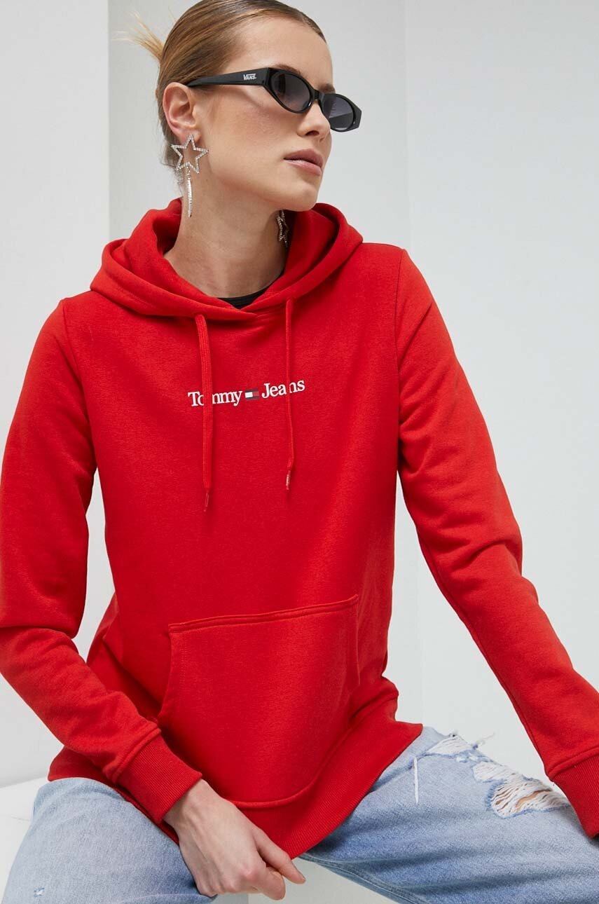 

Кофта Tommy Jeans жіноча колір червоний з капюшоном з принтом
