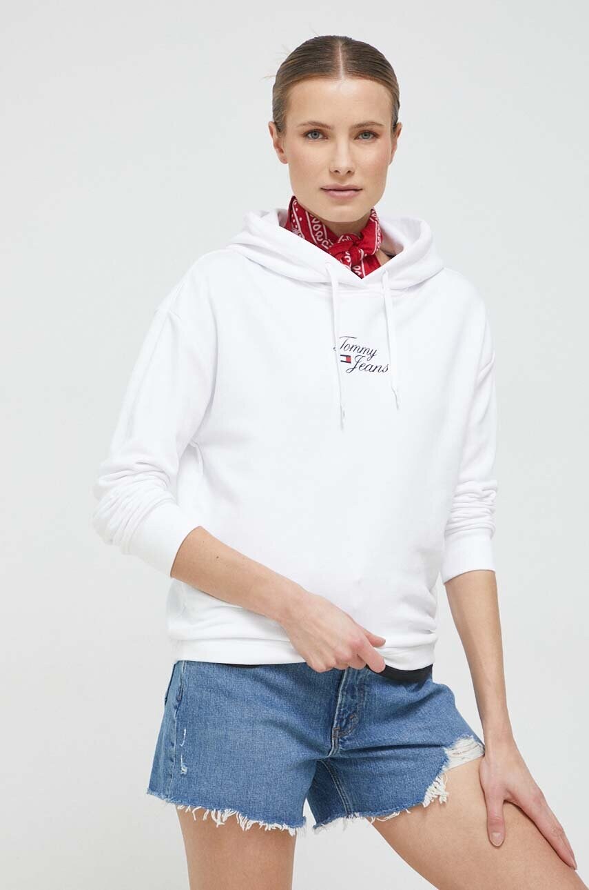 Tommy jeans bluza femei, culoarea alb, cu glugă, cu imprimeu
