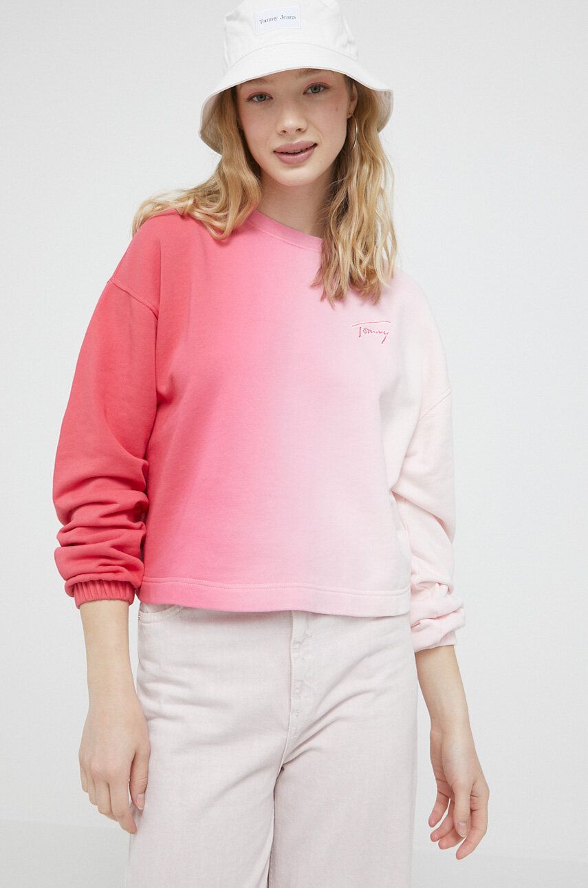 Mikina Tommy Jeans dámská, růžová barva, vzorovaná - růžová -  89 % Bavlna
