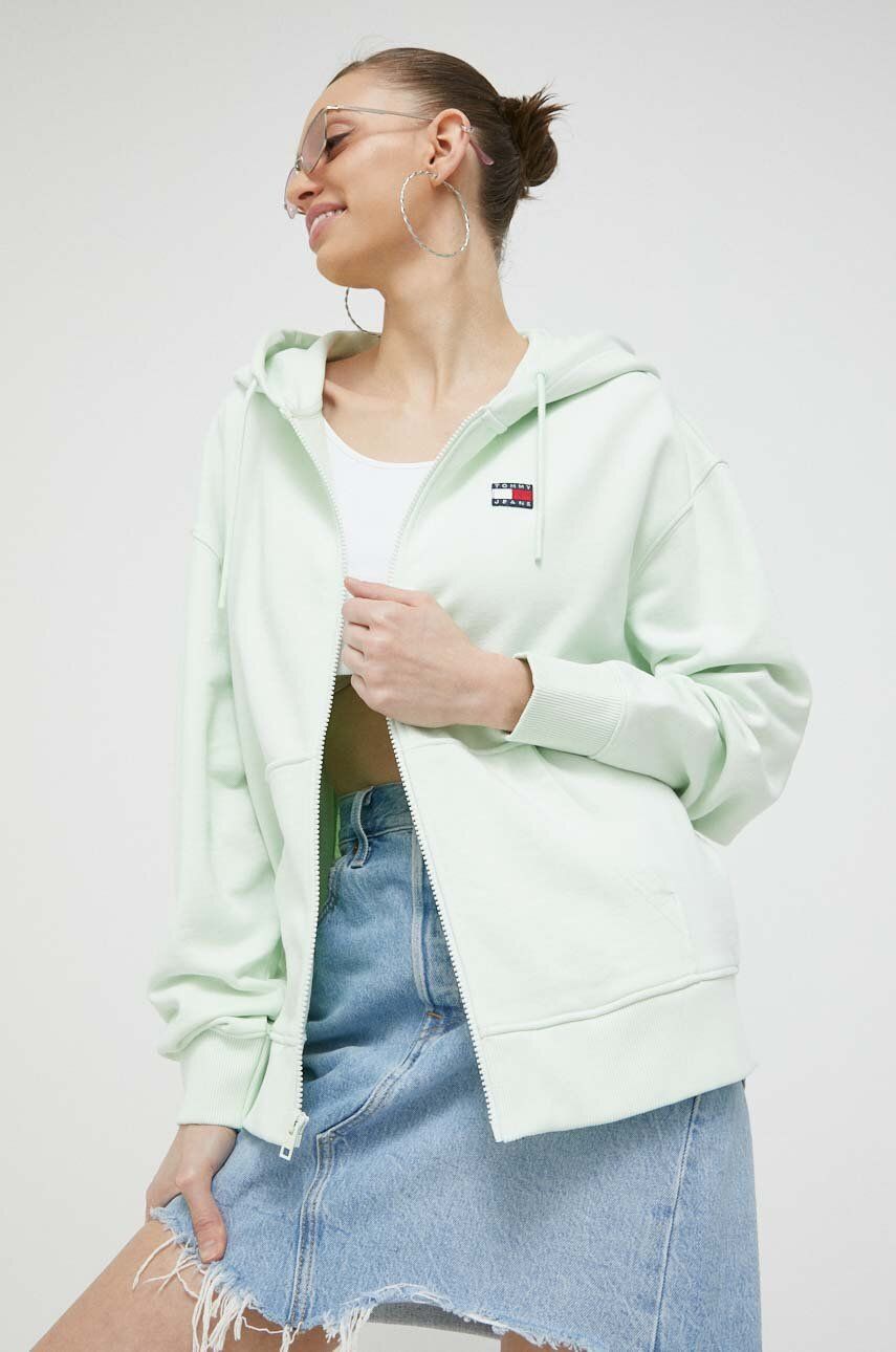 Bavlněná mikina Tommy Jeans dámská, zelená barva, s kapucí, hladká - zelená -  100 % Bavlna