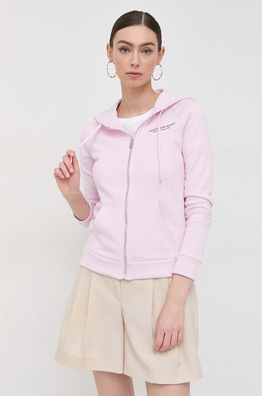 Armani Exchange bluza femei, culoarea roz, cu glugă, cu imprimeu Pret Mic answear.ro imagine noua gjx.ro