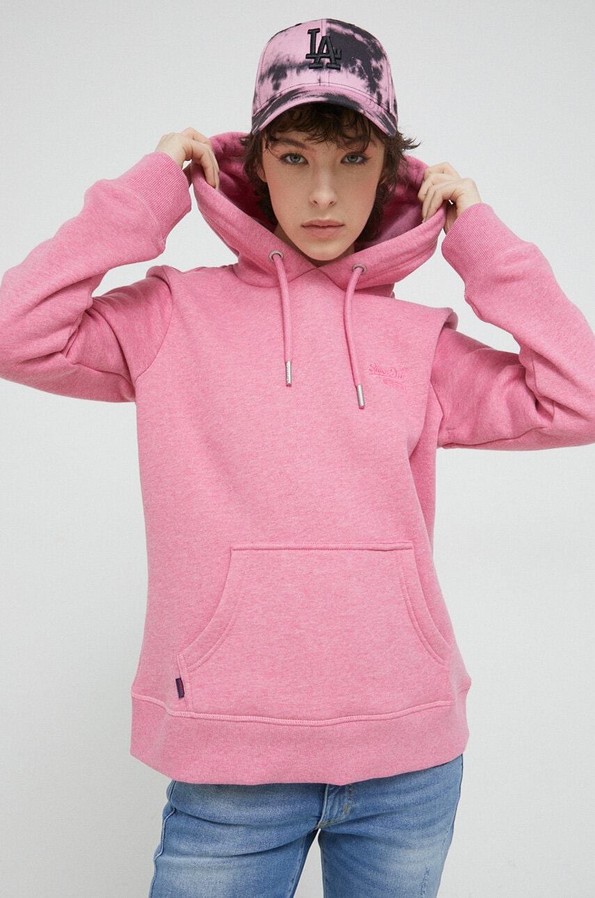 Superdry bluza femei, culoarea roz, cu glugă, melanj
