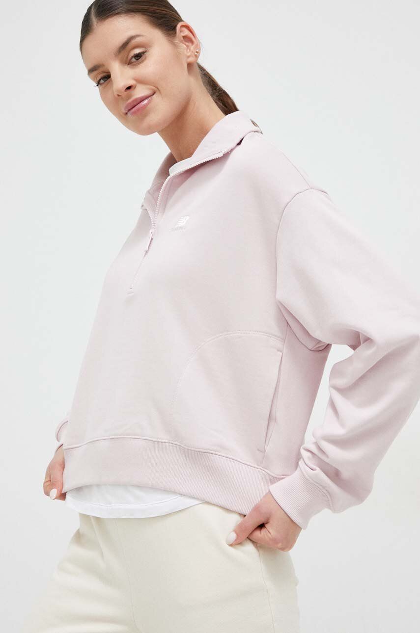 E-shop Bavlněná mikina New Balance dámská, růžová barva, hladká, WT31501SOI-SOI
