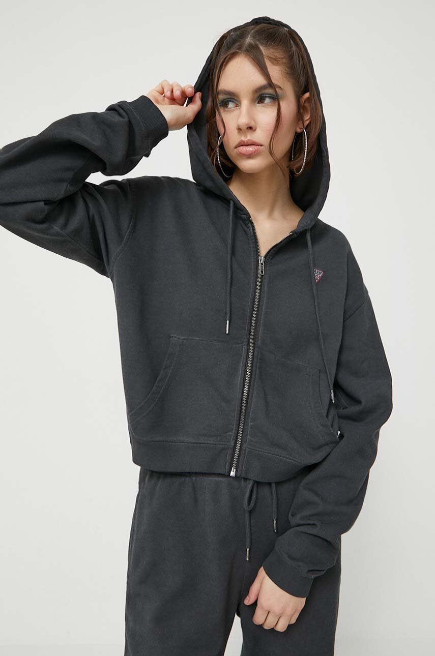 

Кофта Guess Originals женская цвет серый с капюшоном однотонная