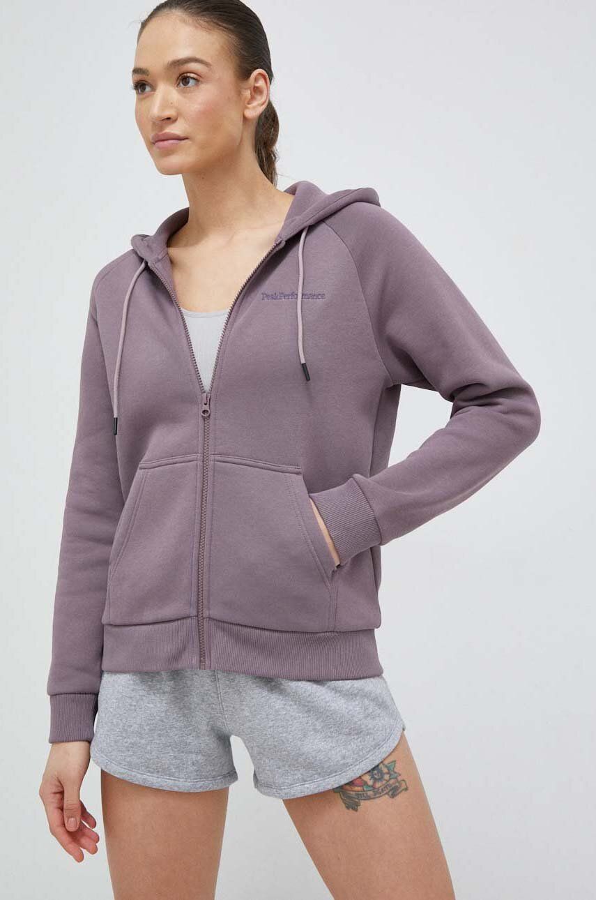E-shop Mikina Peak Performance dámská, fialová barva, s kapucí, hladká