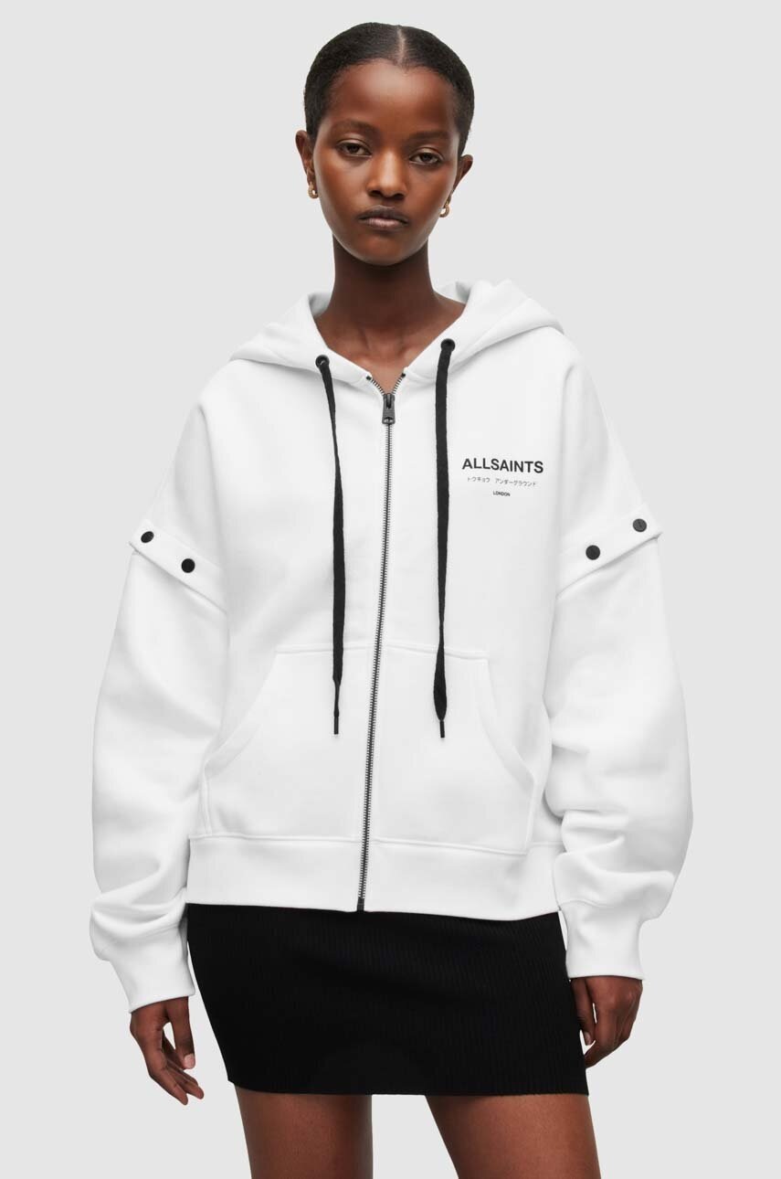 

Суичър AllSaints в бяло с качулка с принт, Бял