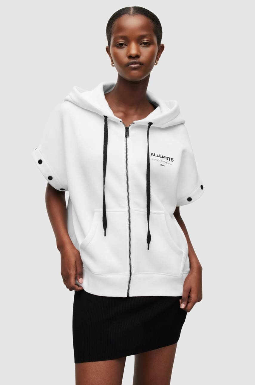 

Кофта AllSaints женская цвет белый с капюшоном с принтом