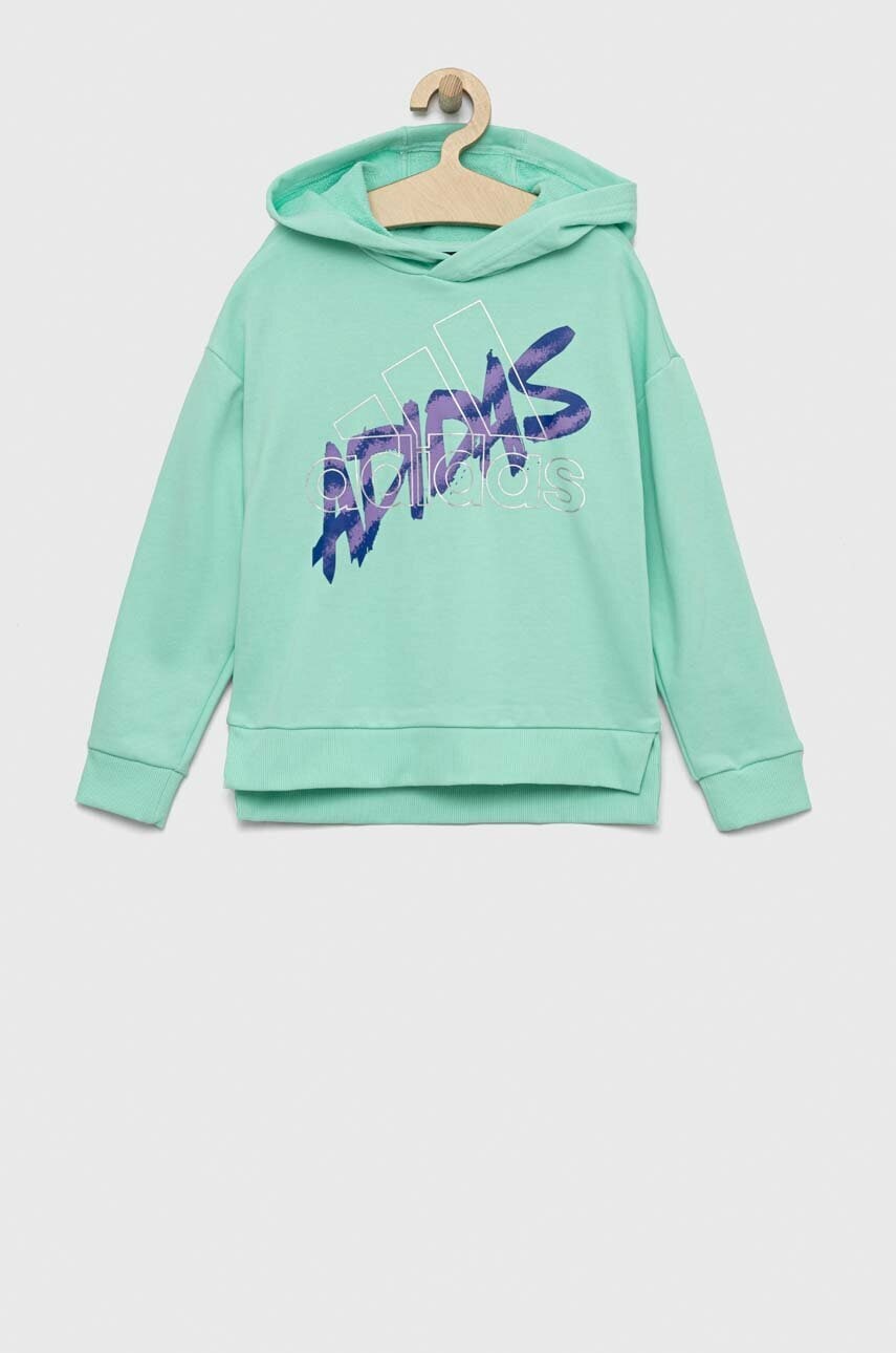 Adidas hanorac de bumbac pentru copii culoarea turcoaz, cu glugă, cu imprimeu