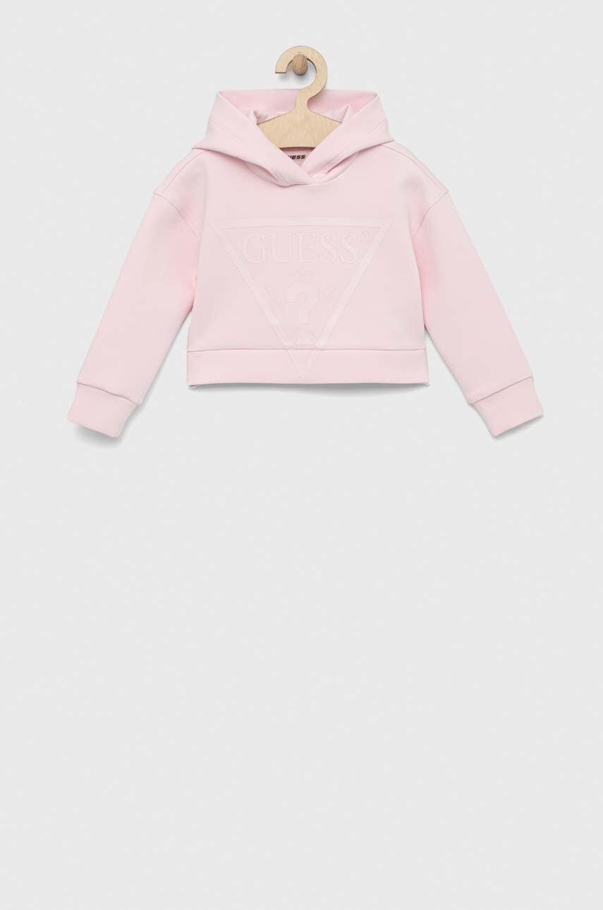 Dětská mikina Guess růžová barva, s kapucí, s potiskem - růžová -  72 % Bavlna