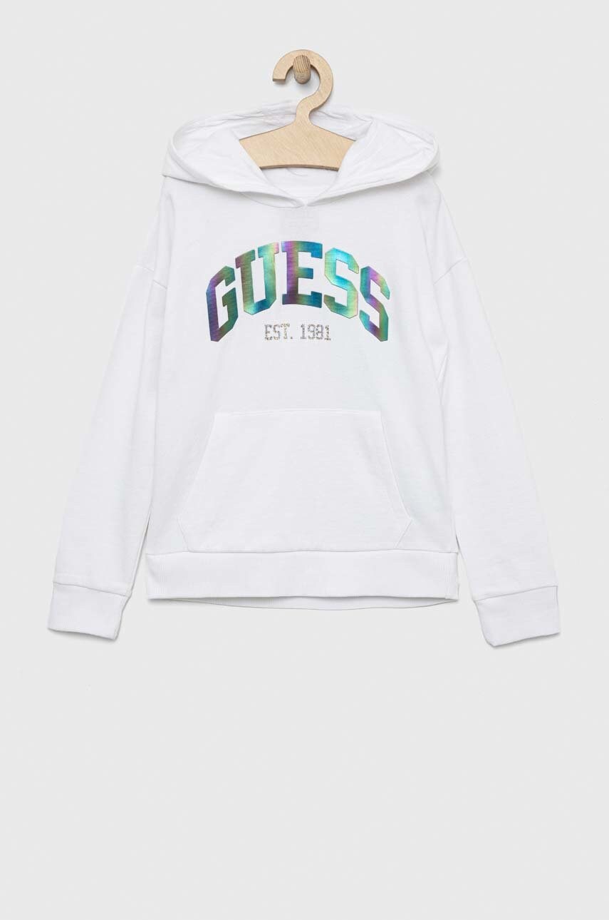 

Детская хлопковая кофта Guess цвет белый с капюшоном с аппликацией