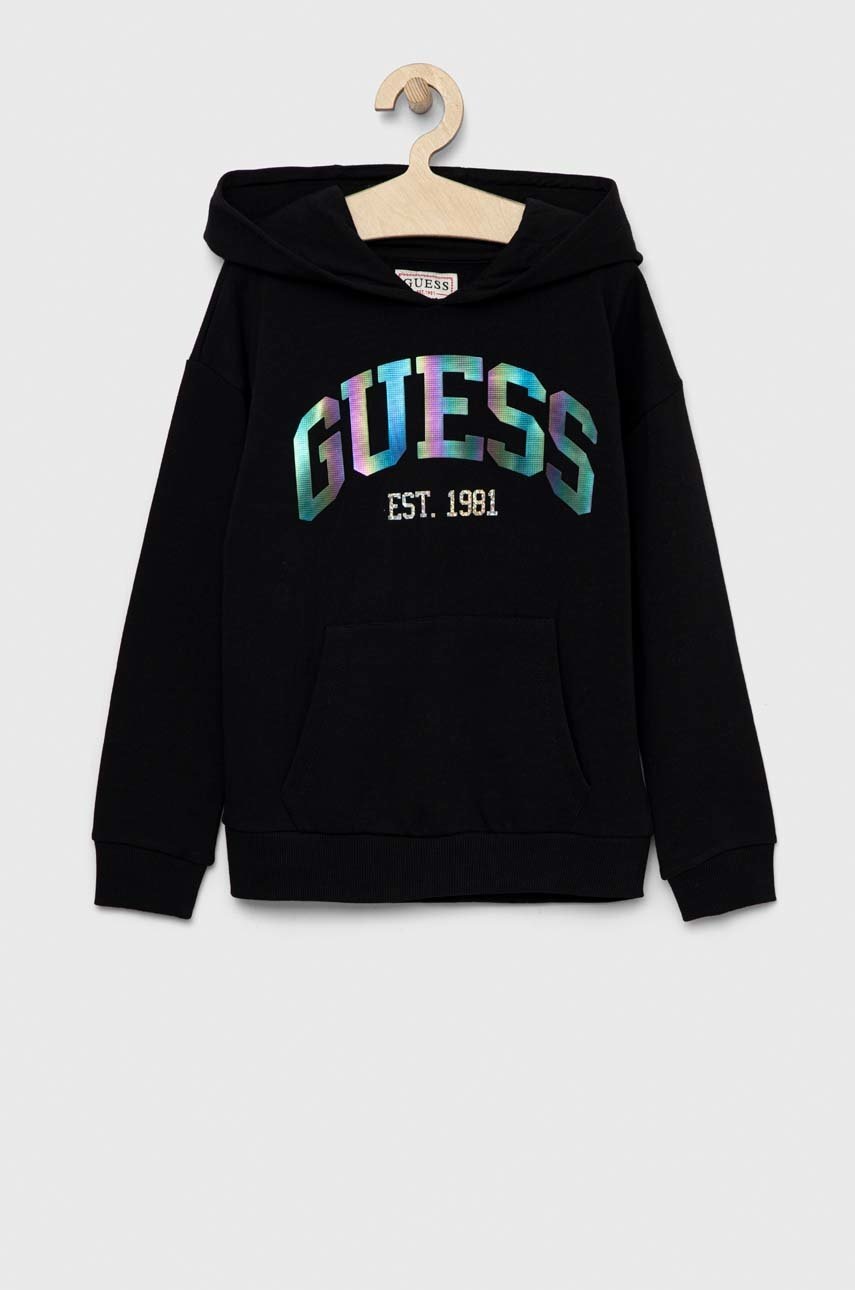 

Дитяча бавовняна кофта Guess колір чорний з капюшоном з аплікацією