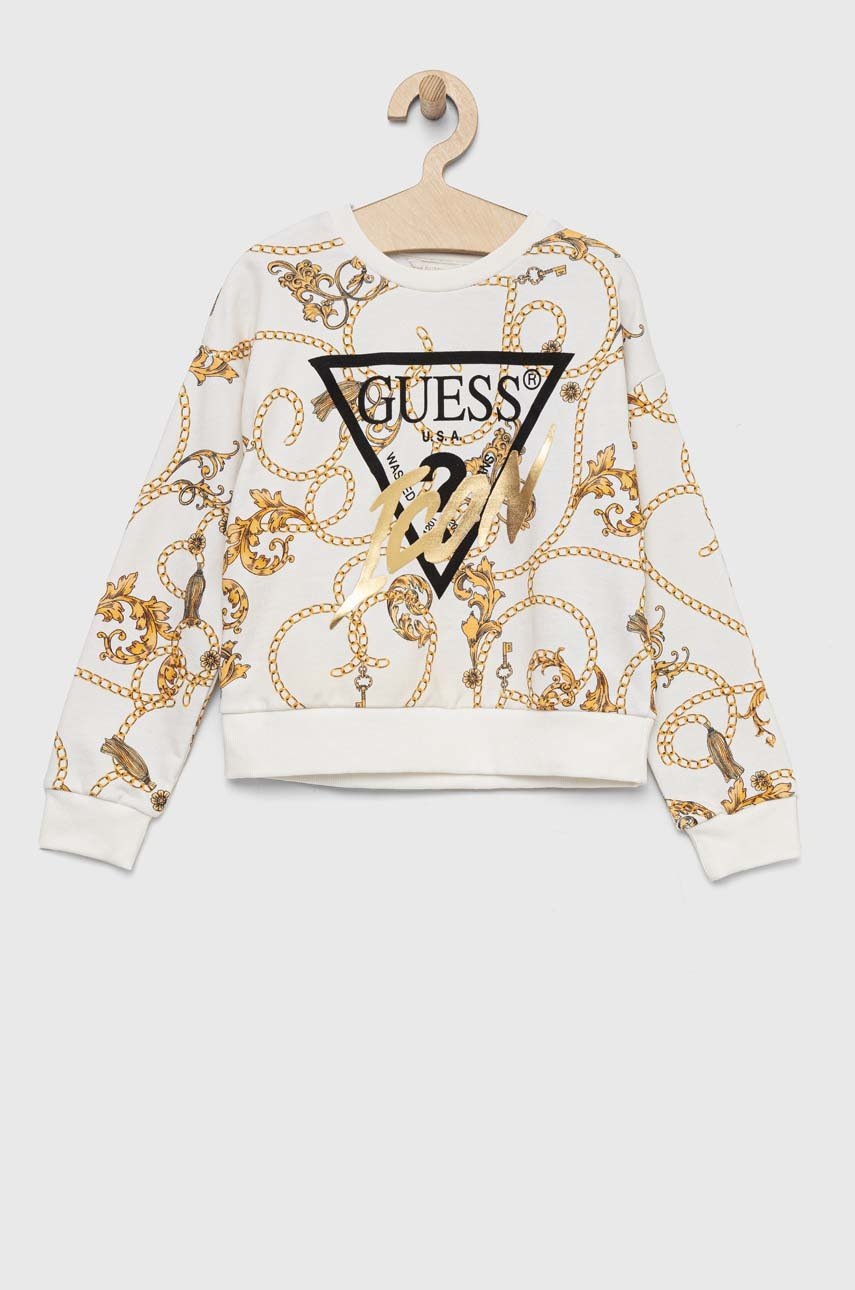 

Детски памучен суичър Guess в златисто с десен, Бежов