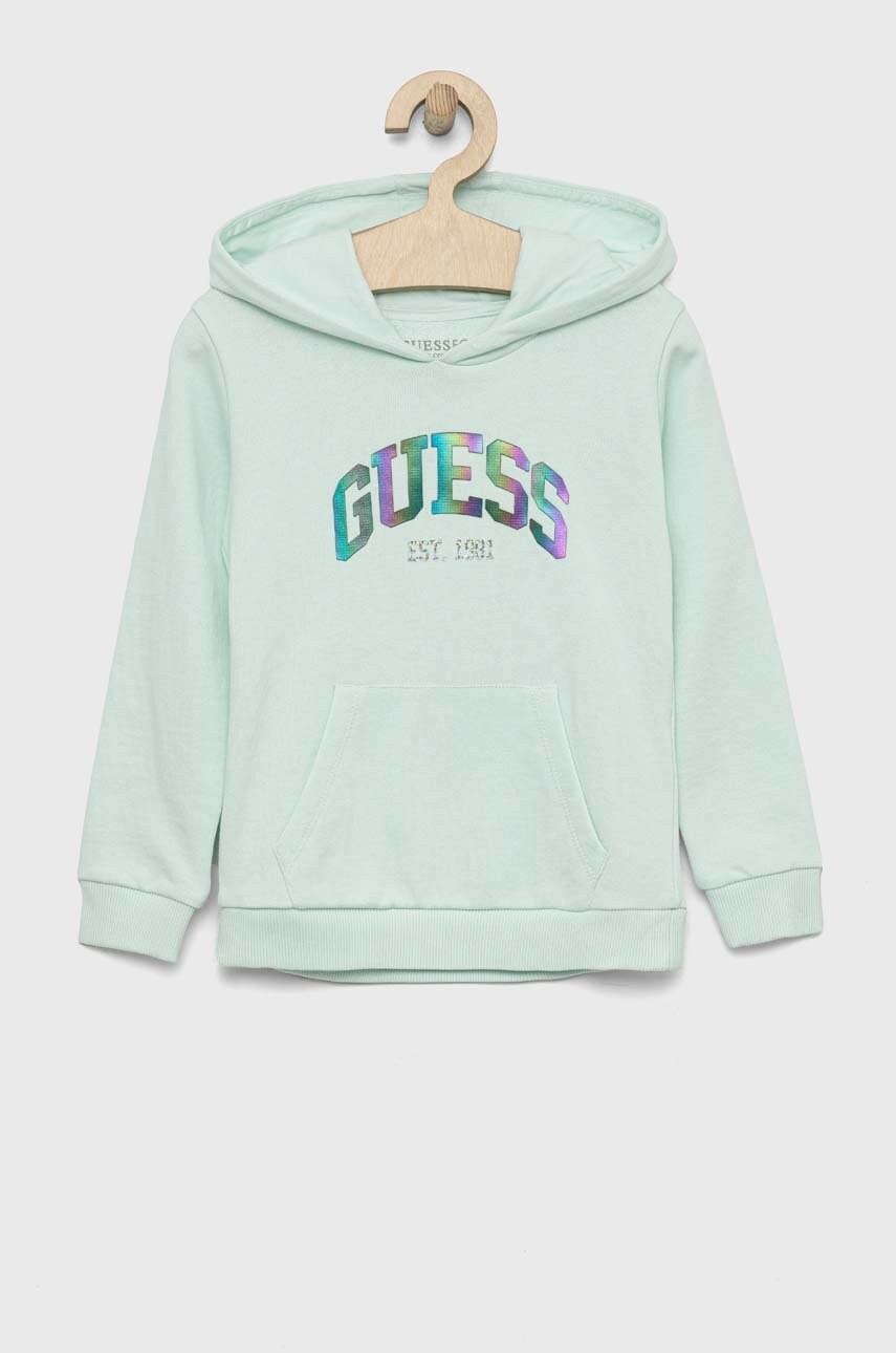

Детская хлопковая кофта Guess цвет зелёный с капюшоном с принтом