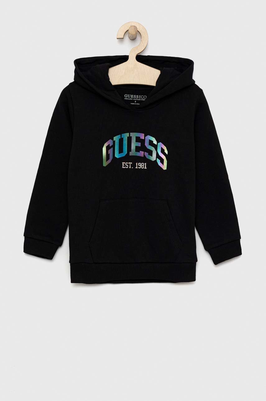 

Дитяча бавовняна кофта Guess колір чорний з капюшоном з принтом
