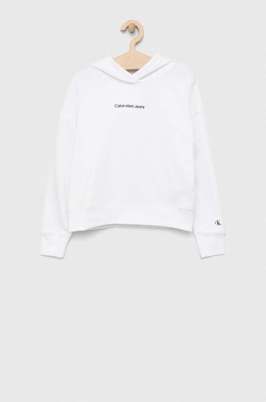 

Детски суичър Calvin Klein Jeans в бяло с качулка с принт, Бял