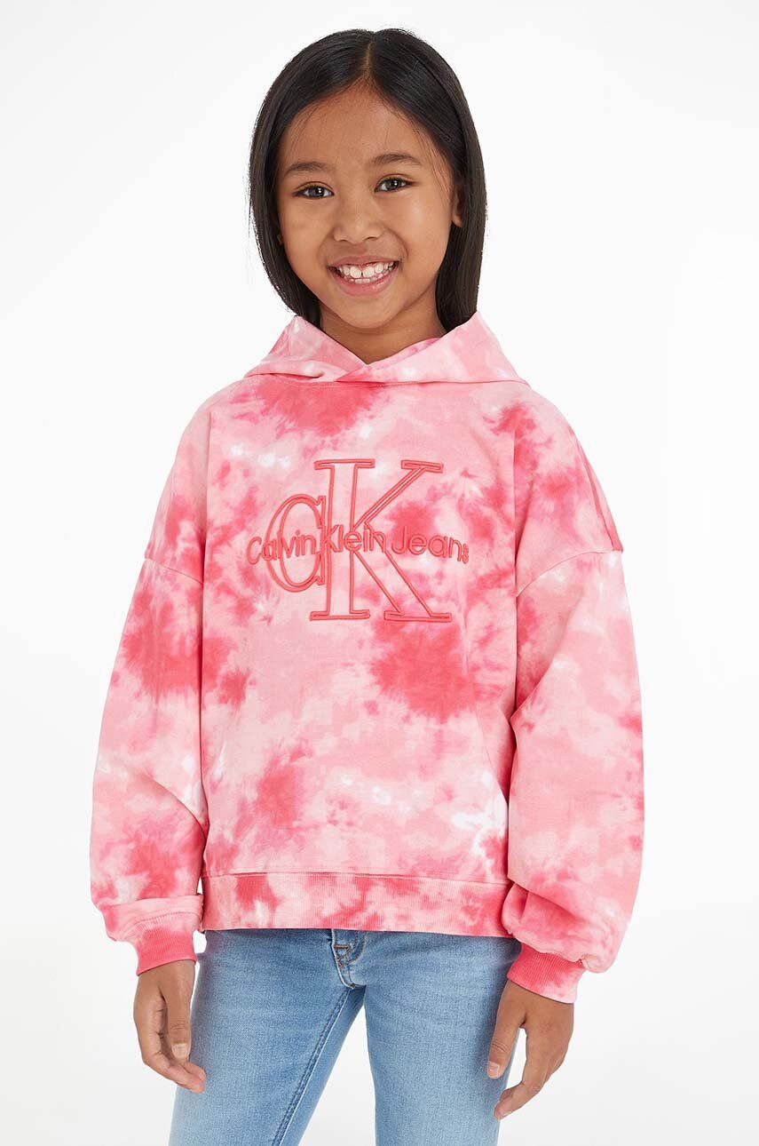 E-shop Dětská mikina Calvin Klein Jeans růžová barva, s kapucí, vzorovaná